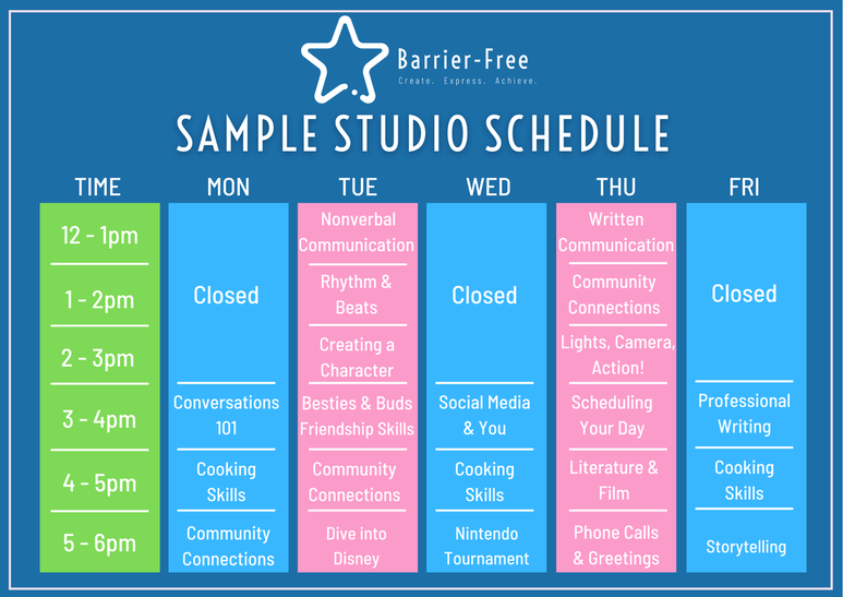 Graphic showing a sample Barrier-Free Life Skills & Social Studio schedule.