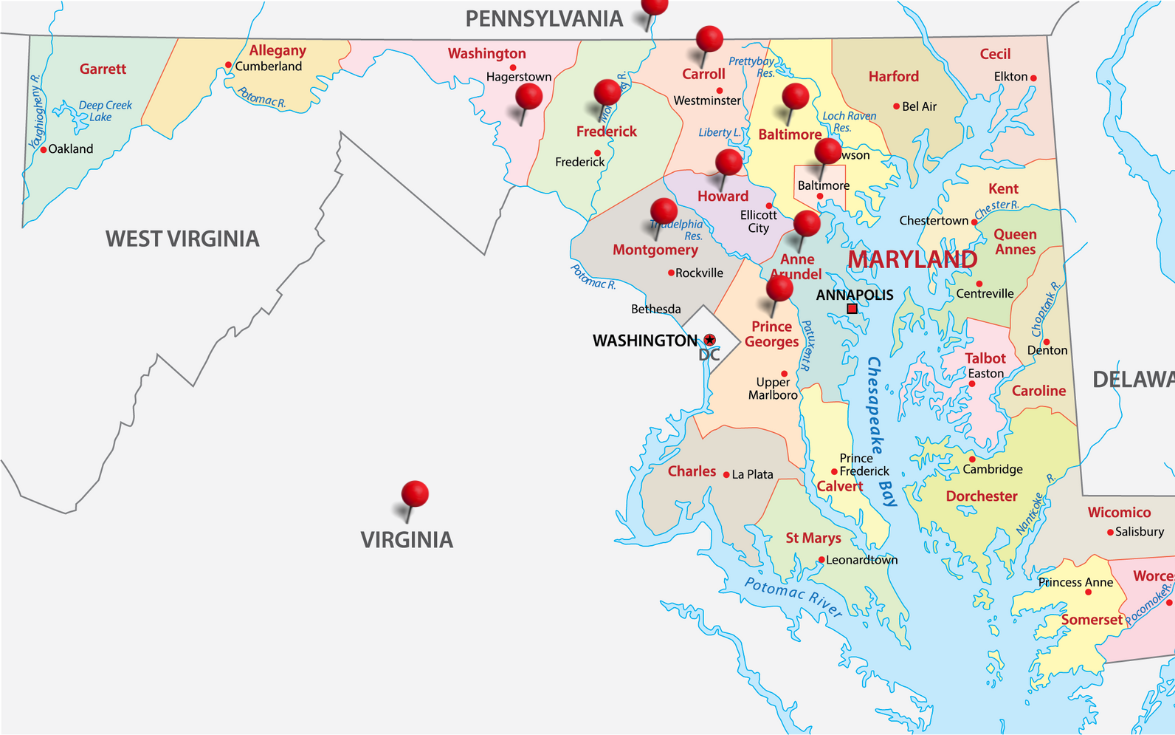 Picture of Maryland map showing the counties serviced by Barrier-Free